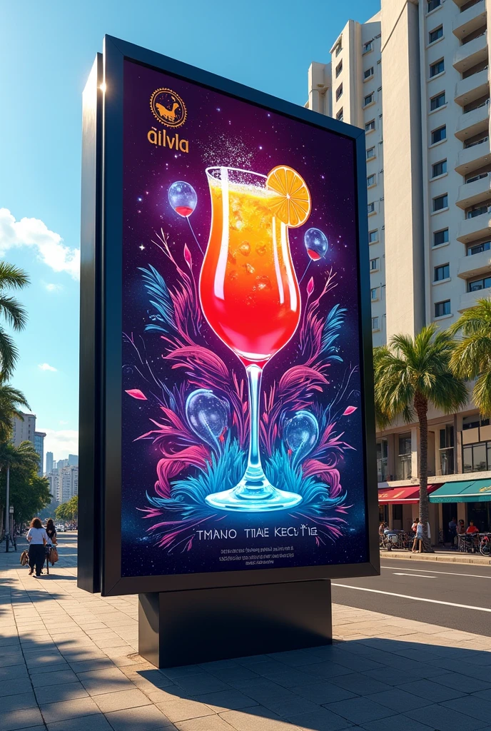 Create a billboard design for the company Drinks Mágicos, specialized in open bar for events, that refers to magic and innovation. The billboard must be attractive and impactful, located on a busy avenue in Brazil on a sunny day. Use vibrant colors and visual elements that convey a sense of sophistication and charm, featuring creative cocktails and exclusive service.