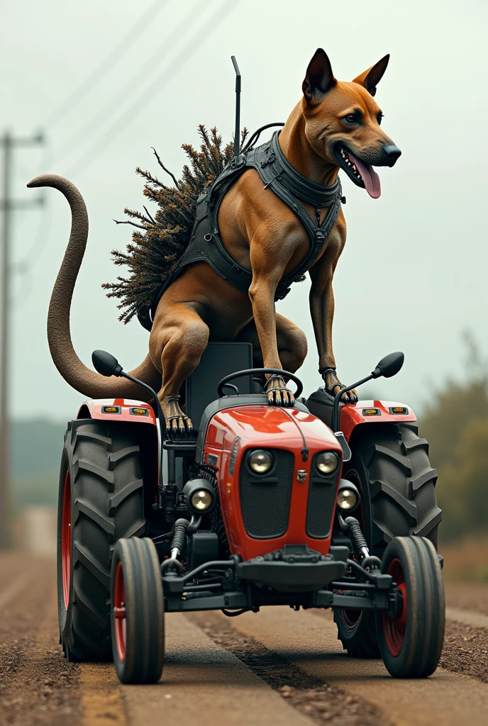 A dog sat on lamborgini mix in tractor in 16.9ratio and his leg is robotic and his face is dinosaur and his back is iron