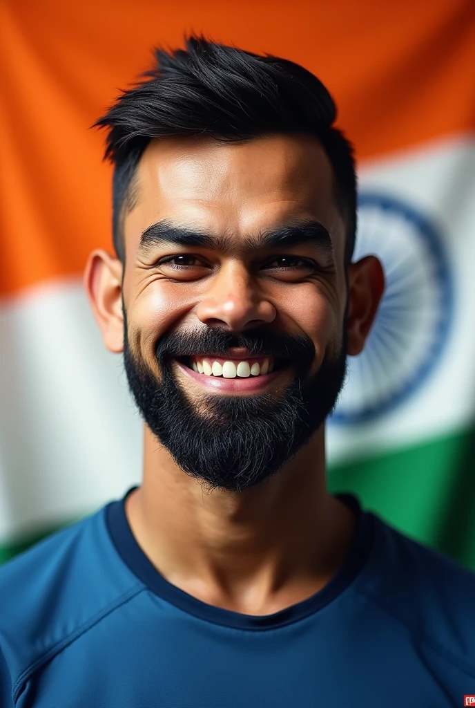 Virat kohli wallpapar best image with indian fland background
 with smile 
