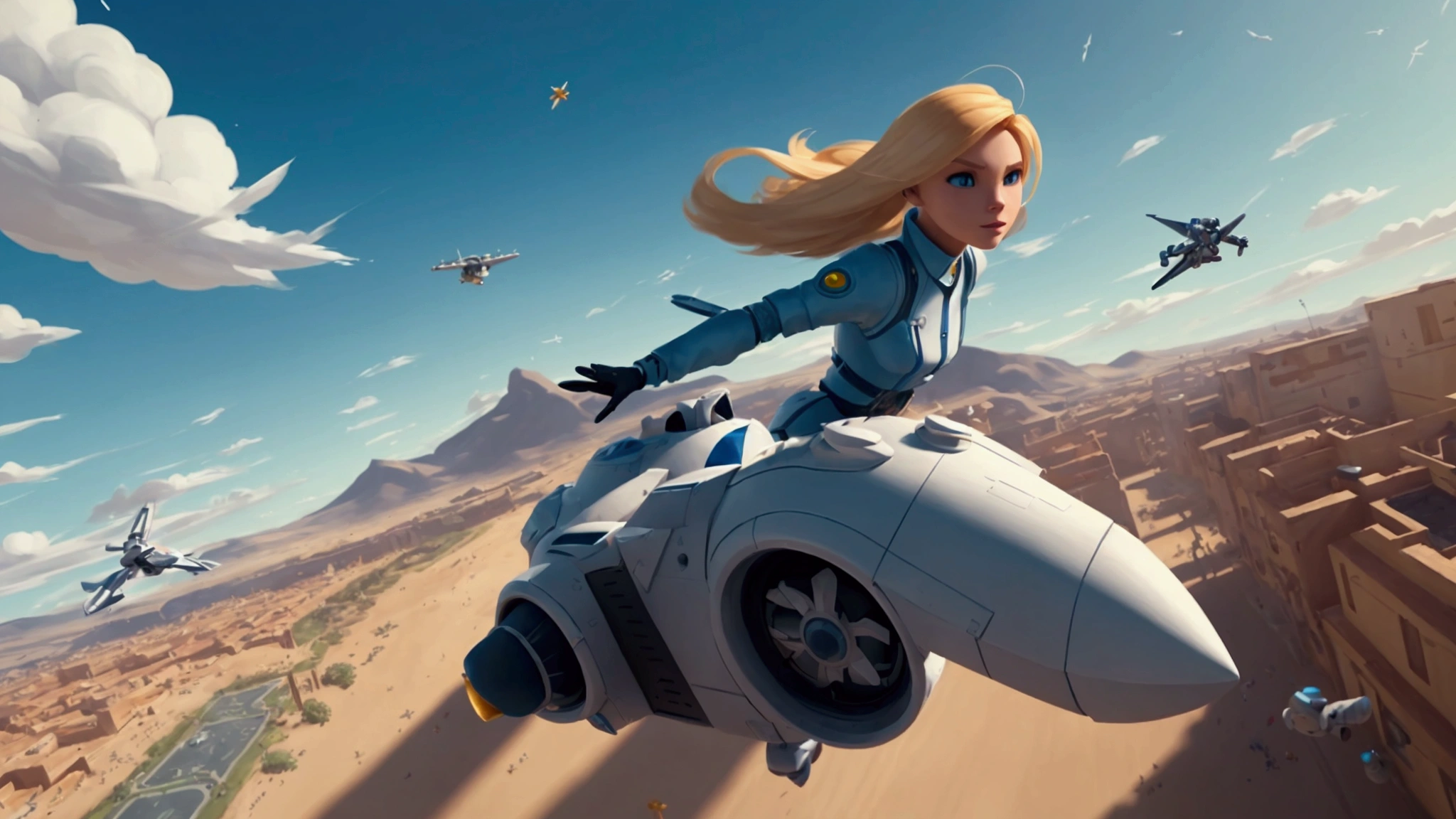 flying video game controller, blond flying in control, trail of games left by the controller, flying towards a landscape of programming and technologies, estilo cyber, PIXAR model , landscape model, design