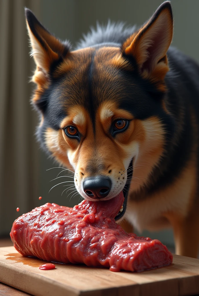 Putting the meat in front of the dog, the dog ate it