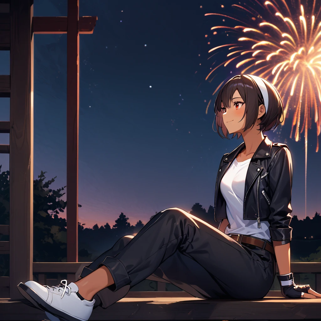 Alone,Female,sitting on porch,(bright fireworks),watching fireworks,short,dark hair,best lighting,dark skin,red eyes,((black leather jacket with rolled up arms)),fingerless gloves,white T-shirt,((white headband)),black long pants,white shoes,brown belt,cute fine background,charm points,Japanese countryside,slightly bigger chest,outdoors,high quality,night,confident smile. Fun atmosphere.