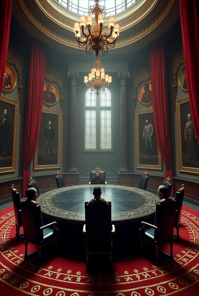 Create a hell-style boardroom that is big, very elegant, with pictures of demons, that there are windows with cherry curtains, chandeliers and put a circular black table in the middle with 6 chairs around it