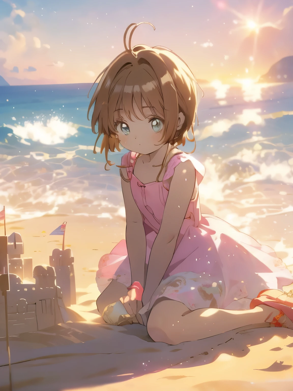 solo, (Pokémon Sakura), ((artwork)), ((High resolution)), ((best quality)), extremely fine and beautiful, super fine illustration, (Realistic skin), (incredibly detailed anime eyes) , detailed face, vivid and beautiful, incredibly detailed, beautiful detailed girl, front view, perfect shadow, realistic lighting, warm colors, (Short hair), ((todler)), ((11 years)), beach, (small chest), (Sunny background), ((playing with a sandcastle)), ((pink dress))