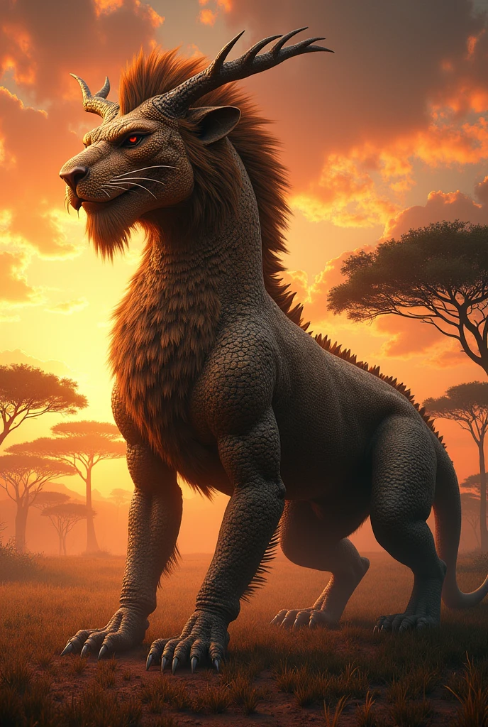A striking African dragon with a robust, scaled body and intricate tribal markings. It has a lion-like face with a mane and powerful, muscular limbs. The backdrop features an African savannah with acacia trees and a vibrant sunset."
