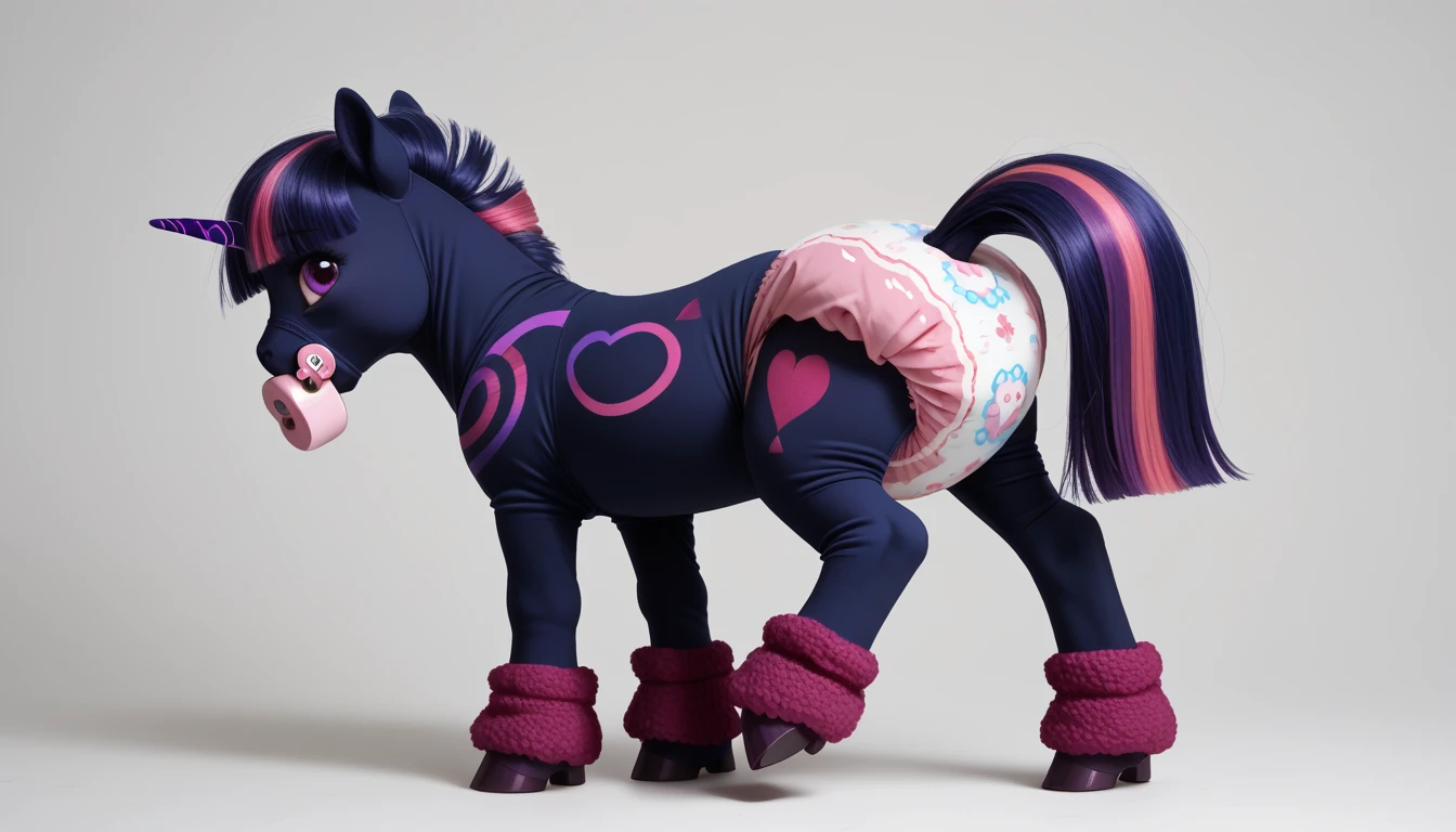 pony, Unicorn, purple wool, dark blue mane with purple streak and pink streak, the tail is dark blue with a purple strand and a pink strand, purple eyes, adult filly, stands on four hooves, rear hooves spread wide apart, dressed in a bodysuit and booties, baby pacifier in mouth, solo, thick diaper under clothes.