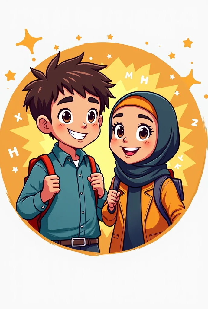 Logo in circle for boy and muslim girl in primary school expert in multiplication table which called doctor multiplication With stricking background