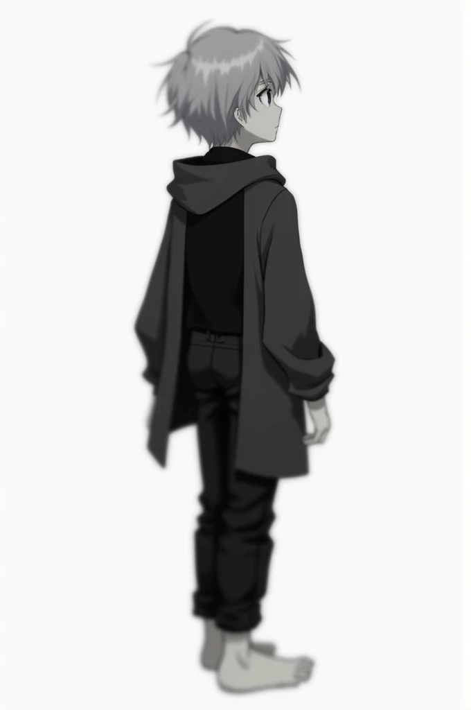 Generates an image of a boy in a black sweater, barefoot, The sweater is open and has black pants and a black shirt under the sweater from behind.