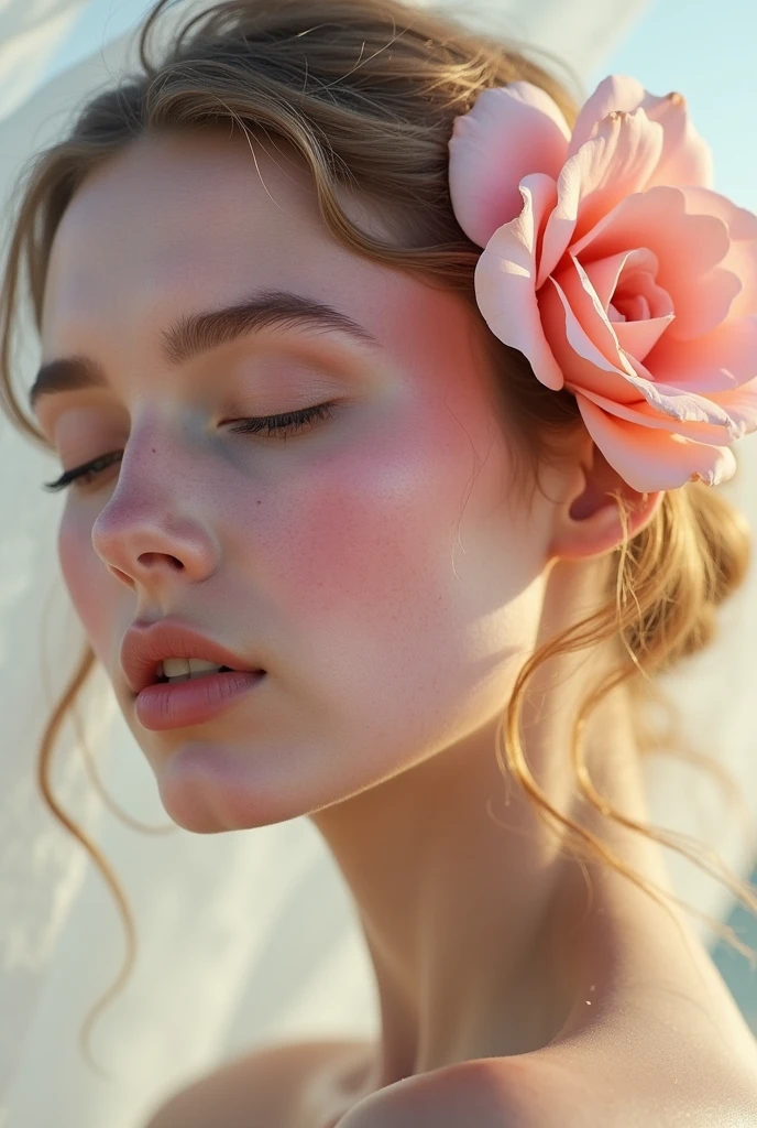 Real female model creative and aesthetic shoot with applied rose face mask paste