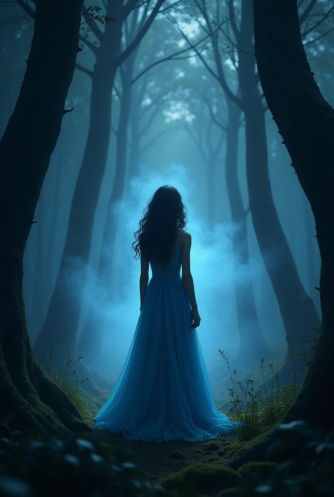 Dark forest with shadows and mist with the only light radiated from the beautiful girl in blue dress with dark curly hair.