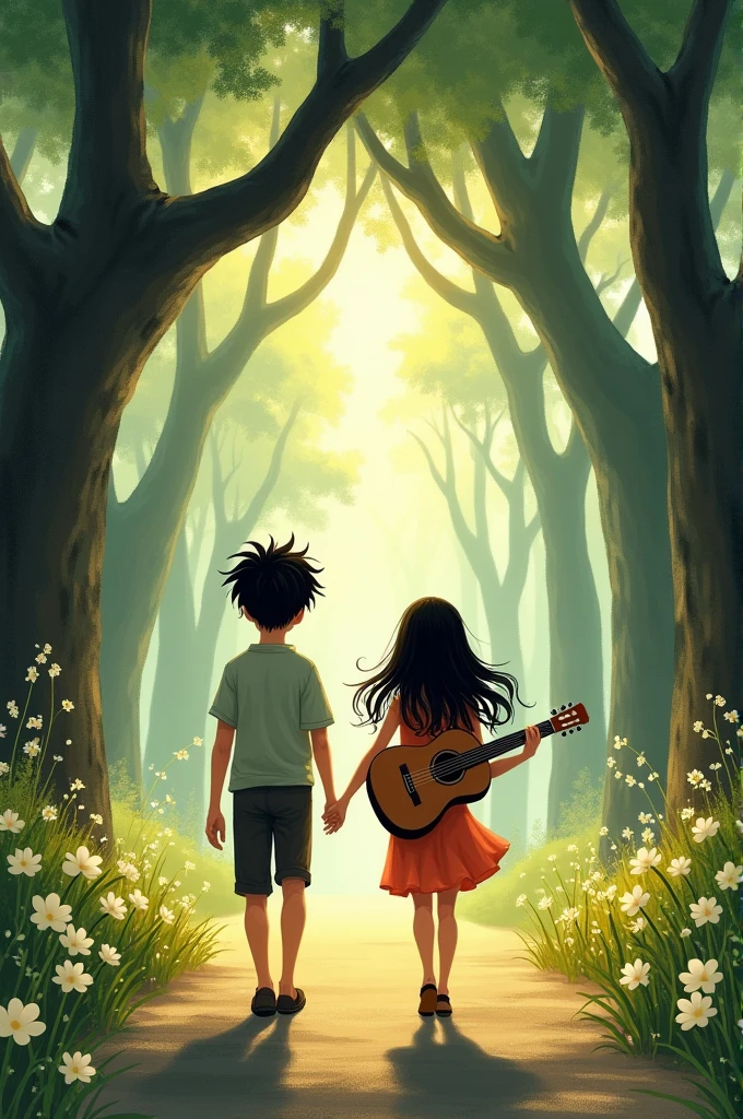 I want to draw a picture of an 1 boy and a girl walking down a street together., surrounded by ghost grass and end trees, they walked in the morning sun, The girl held a guitar and sang behind her back., chàng trai đi trước. The boy with black hair, a little naughty, The girl has long, black hair and is painted in the style of Dalat in 2005.