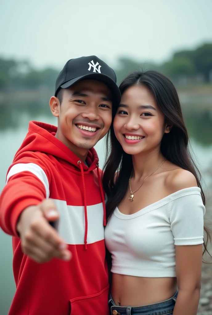 Create an image of two people taking a selfie in front of a beautiful lake. Men wearing snapback hats and red and white hoodies depict the style of Indonesian youth. The woman next to him was slightly overweight, large breasts sticking out, wearing a tight white top with a striking watch, as in the example. Both appear cheerful, with a calm urban background, photography, HD, very formative