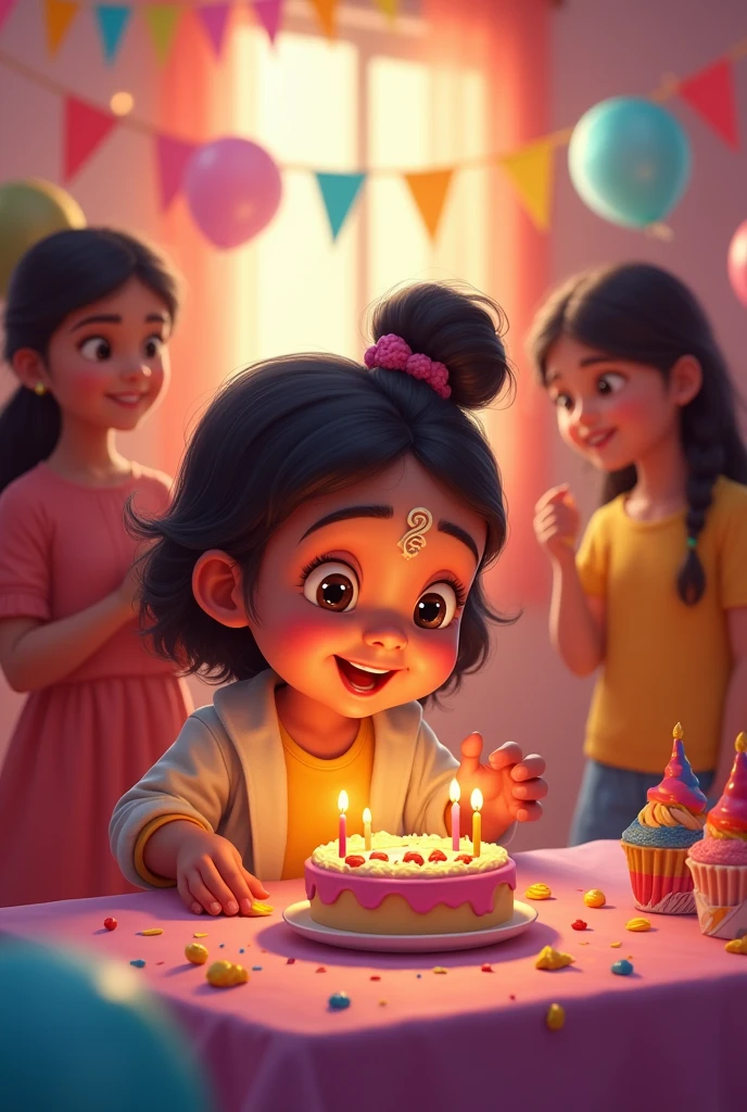 One girl birthday girl for see mobile and put tikka and eat cake and baby girl something 2 year and all family and party on disco 
