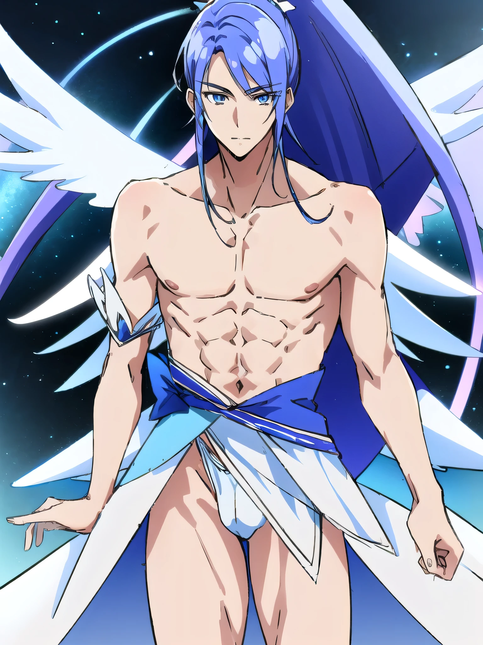 Close up of a cartoon male character in a white and blue leotard dress、Boy with long dark blue hair、Boy with long light purple hair、Blue-eyed、solo、Zodiac Boy、Magic Boy、portrait Zodiac Boy、Sapphire Prince、Long legs、blue Scales and a blue ribbon covering his chest、Bare shoulders、bare legs、Bare thighs、White high heels、Blue leotard underwear、!!Full body portrait!!、 Magic Boyのスタイル、Magical Aura、Heavenly Aura、Ice aura、anime prince、Naughty anime style、leotard arrange costume、Hymn to the King as a Prince、perfect body、perfect hands、perfect arms、perfect legs、looking at viewer、Cowboy Shot、(male body:1.5)、