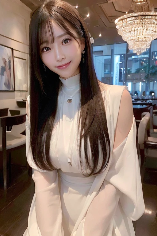 (Ultra - High resolution:1.5)(super detailed:1.3) (super high quality) (Super high quality:1.5) (realistic pictures:1.3) japanese woman 2 ((Detailed and beautiful face:1.3)) ((realistic skin texture:1.say exactly, high quality eyes:1.3)) ((The beauty of detailed and high-quality ears, My skin is very fair and transparent.:1.3)) ((beautifully groomed straight short bob hair))complete body Beautiful proportions (Sleeveless shirt made of thin fabric) long gathered skirt The inside of the cafe at dusk in the background... beautiful, Luxurious and stylish interior ((Give a kind smile to the viewer:1.3)) wet half-open lips Amazing high resolution quality