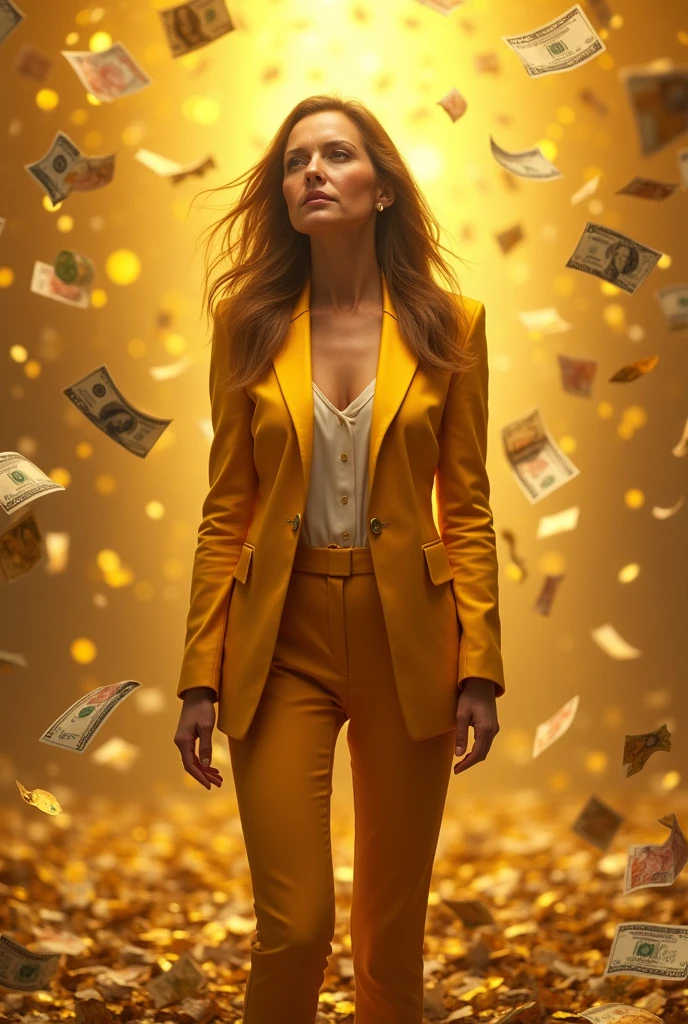 Generate an image of a middle-aged woman , medium height, light brown eyes, size M, long light brown hair, dressed in a golden suit, and may it rain down on you from heaven many, lots of dollar bills, euros, pounds sterling, with a golden sky.