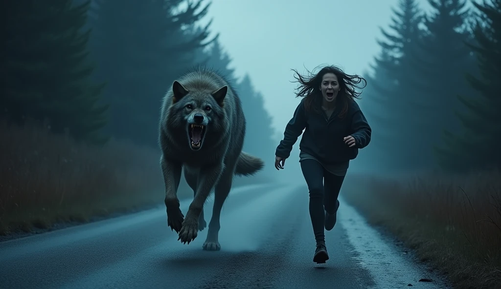 /imagine prompt: Woman fleeing from terrifying werewolf, full moon-lit road chase, fear, panic, survival, eerie forest-lined country road, heart-pounding suspense and primal terror, hyper-realistic style with intricate details, moonlight casting long shadows, cool blue and silver tones, Phase One XF IQ4 150MP capturing raw uncompressed detail, 35mm wide-angle lens, dynamic action shot, --ar 16:9 --v 6 --chaos 25 --stylize 100 --weird 300 --quality 1 --style raw