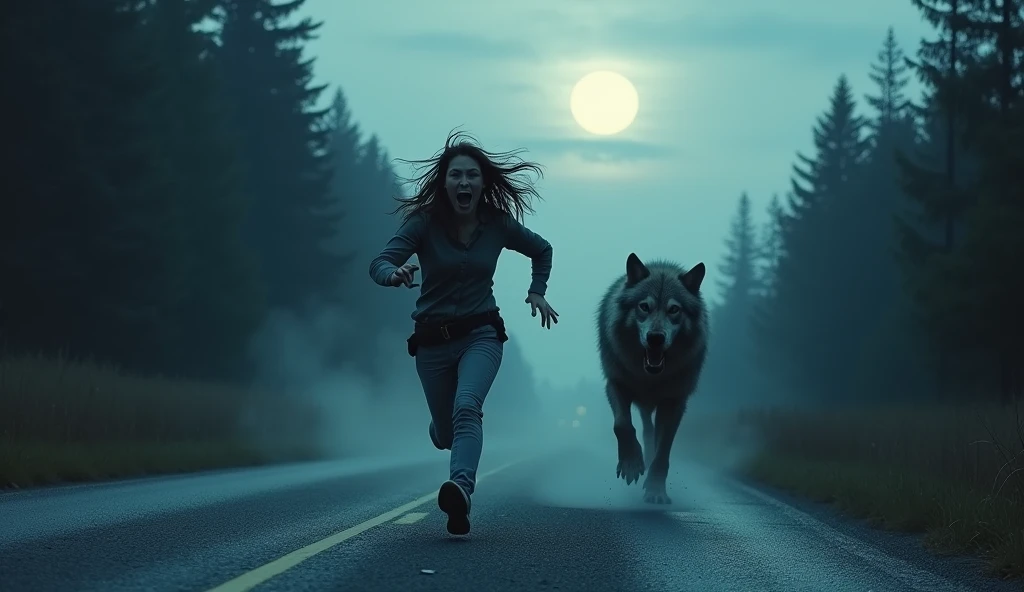 /imagine prompt: Woman fleeing from terrifying werewolf, full moon-lit road chase, fear, panic, survival, eerie forest-lined country road, heart-pounding suspense and primal terror, hyper-realistic style with intricate details, moonlight casting long shadows, cool blue and silver tones, Phase One XF IQ4 150MP capturing raw uncompressed detail, 35mm wide-angle lens, dynamic action shot, --ar 16:9 --v 6 --chaos 25 --stylize 100 --weird 300 --quality 1 --style raw