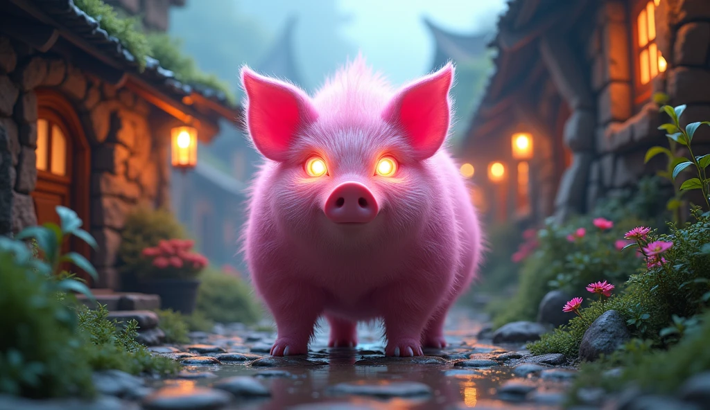 a  pink pig, 1 meter tall, mystical creature, fierce glowing eyes, small village background, mythical world, (best quality,4k,8k,highres,masterpiece:1.2),ultra-detailed,(realistic,photorealistic,photo-realistic:1.37),hyper realistic,intricate details,dramatic lighting,vibrant colors,cinematic composition