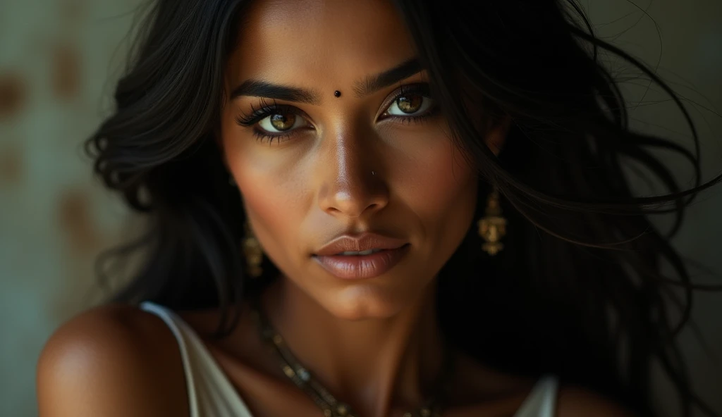 a beautiful mysterious Indian woman, Western fashion, intricate detailed face, piercing eyes, long eyelashes, delicate skin, natural beauty, flowing hair, candid elegant pose, dramatic lighting, cinematic mood, muted color palette, chiaroscuro lighting, high quality, photorealistic, 8k, intricate details, professional rendering