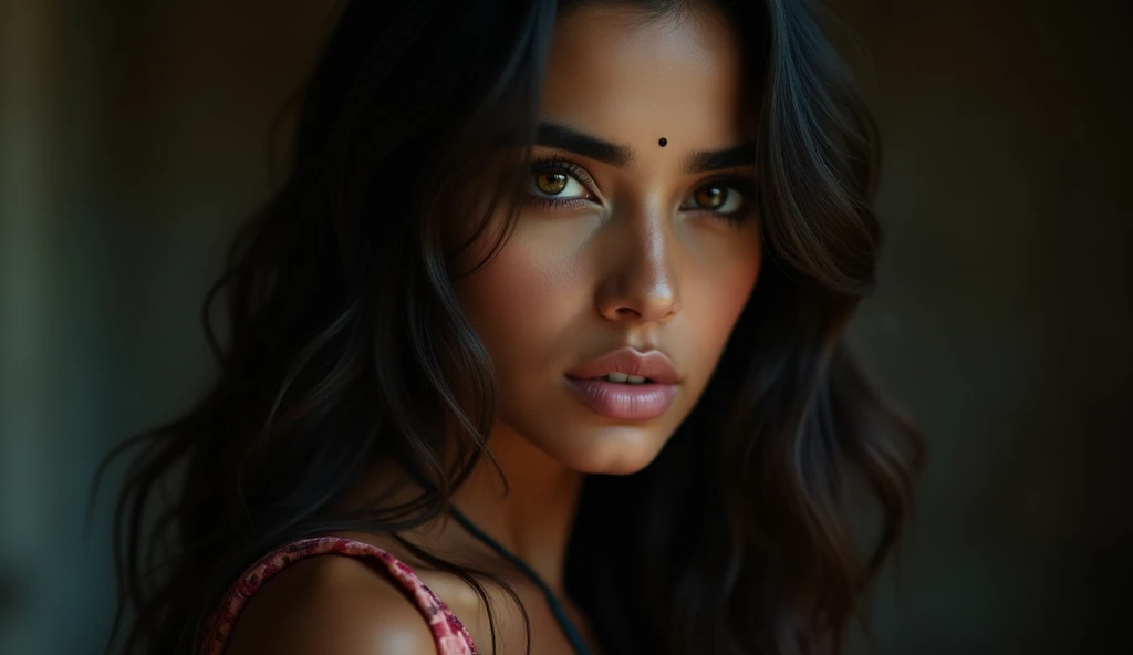 a beautiful mysterious Indian woman, Western fashion, intricate detailed face, piercing eyes, long eyelashes, delicate skin, natural beauty, flowing hair, candid elegant pose, dramatic lighting, cinematic mood, muted color palette, chiaroscuro lighting, high quality, photorealistic, 8k, intricate details, professional rendering