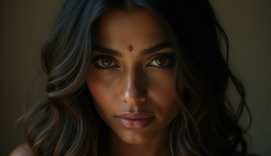 a beautiful mysterious Indian woman, Western fashion, intricate detailed face, piercing eyes, long eyelashes, delicate skin, natural beauty, flowing hair, candid elegant pose, dramatic lighting, cinematic mood, muted color palette, chiaroscuro lighting, high quality, photorealistic, 8k, intricate details, professional rendering