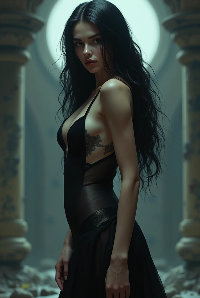 White lady, with long black hair, hour glass body figure, has long limbs, giving the vibe of sexiness and seductress.