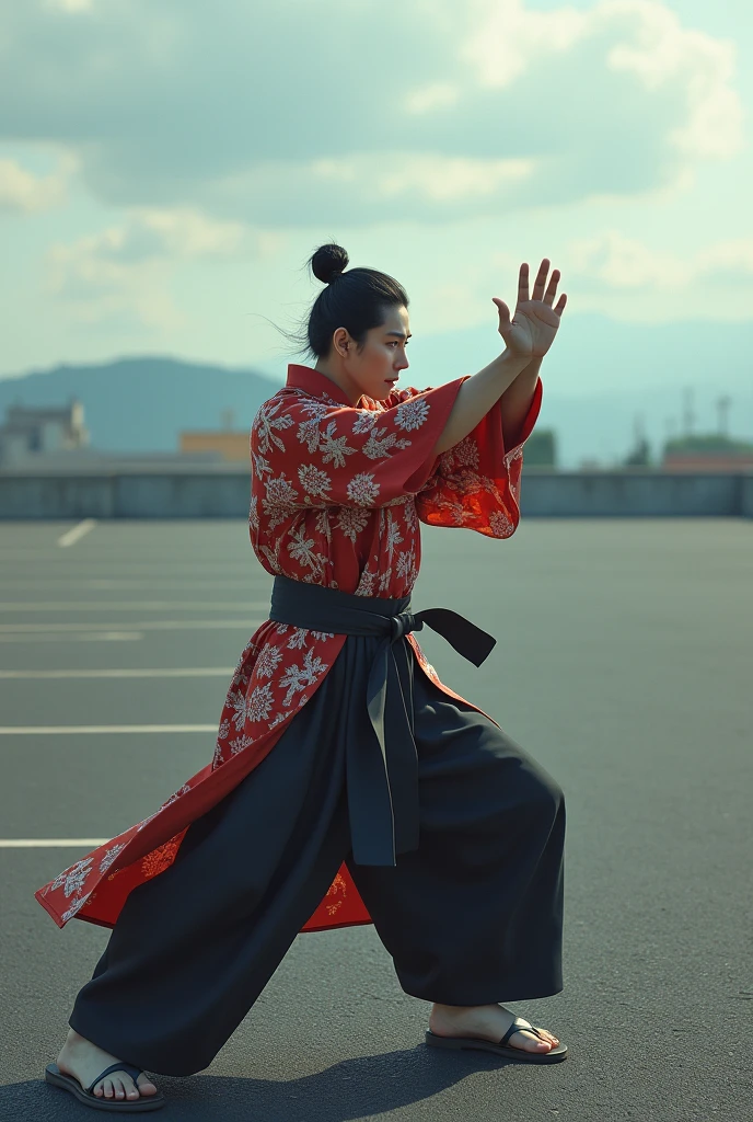 japanese man wearing a kariginu set doing a karate pose on an empty parking lot, fighting a thief