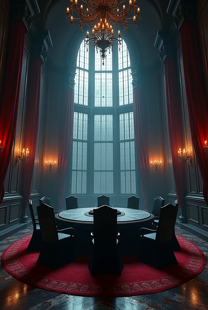 Create a hell-style meeting room that is big and very elegant, with pictures of demons, that there are windows with cherry curtains, chandeliers and put a circular black table in the middle with 6 chairs around it without people