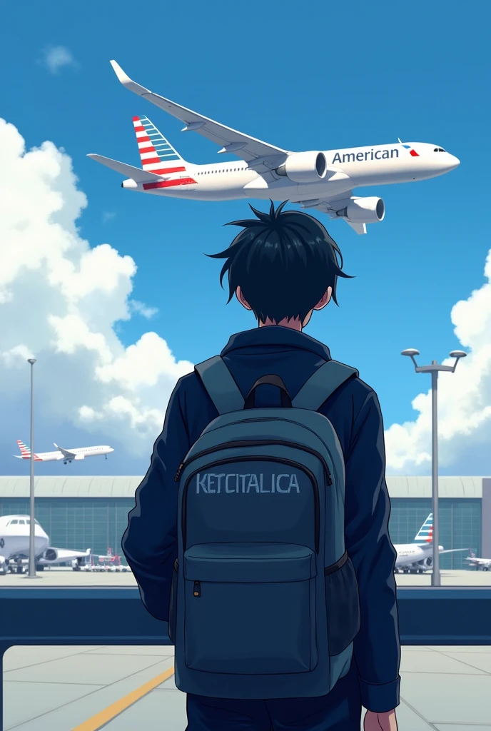 Cyber security engineer is in airport watching plane flying with his bag
In his school bag it's clearly written Capital words Cyber security Engineer
Matched with his dress colour
Anime character
Good hairstyle
In plane it's written American airlines