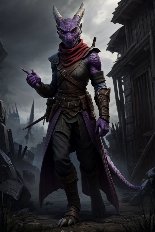 8k, high resolution,1 tail, Eyes red, 2 arms , 5 fingers, 2legs, rogue, assassin outfit, long red scarf , Battlefield scenario, Purple Dragonborn, purple skin, purple scales.