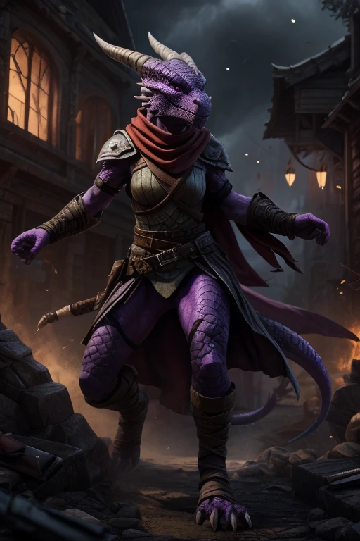 8k, high resolution,1 tail, Eyes red, 2 arms , 5 fingers, 2legs, rogue, assassin outfit, long red scarf , Battlefield scenario, Purple Dragonborn, purple skin, purple scales.