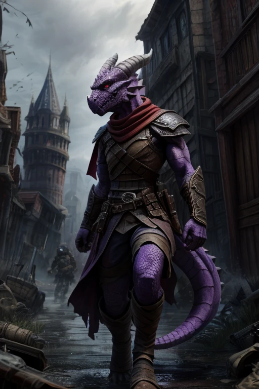8k, high resolution,1 tail, Eyes red, 2 arms , 5 fingers, 2legs, rogue, assassin outfit, long red scarf , Battlefield scenario, Purple Dragonborn, purple skin, purple scales.