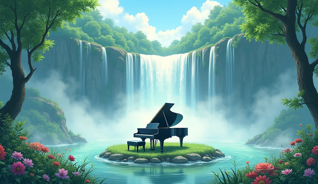 This image is、I draw tranquil natural scenery.。In the center is a grand piano placed on the island.、A waterfall cascades in the background.、Lush tree々It is surrounded by。In the foreground there are colorful flowers、The soft light of early morning or evening envelops the whole.。This scene、It creates a peaceful and magical atmosphere.。Fantastic watercolor style。Makoto Shinkai-style anime。Green foliage tree