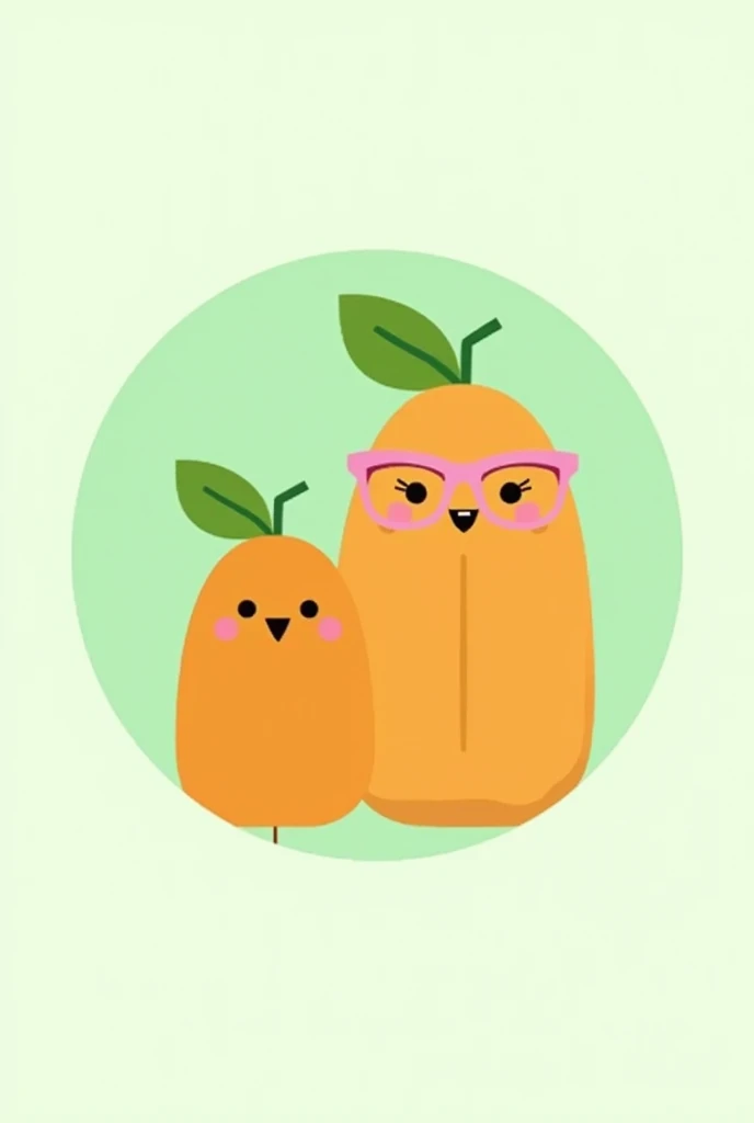 On a light green circular background. With a minimalist style for logo Draw 2 half oranges. Each Half must be animated with an identity, The first one should be male with a leaf-shaped pompadour hairstyle and the other female with pink glasses.