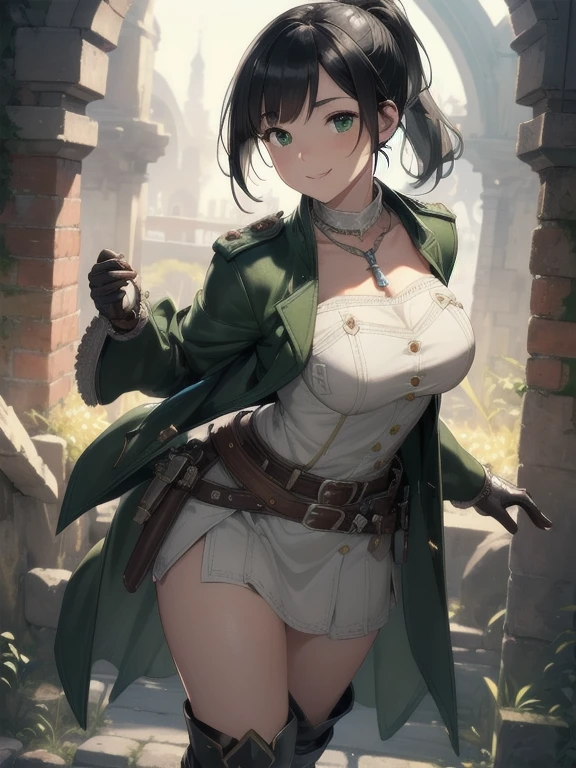 ((extremely detailed 8k illustration)), highres, (extremely detailed and beautiful background), ultra detailed painting, professional illustrasion, Ultra-precise depiction, Ultra-detailed depiction, (beautiful and aesthetic:1.2), HDR, (depth of field:1.4), colorful, vivid, beautiful detailed glow light particles, intricate:1.4, nice hands, perfect hands, (young girl), ((kawaii)), (highly detailed beautiful face and eyes, big breasts, firm breasts), oily skin, ((black hair,black eyes, (bob with short ponytail hair))), thin pubic hair, cute lovely, cheerful disposition, bashful, smile sweetly, full body, full body:1.4,  thick thighs, (((A sturdy green travel coat))), ((silver breastplate)), sturdy tunic, (leather gloves), (Leather boots), ((leather belt:1.2 with pocket:1.1)), A necklace adorned with magic stones, old ruins