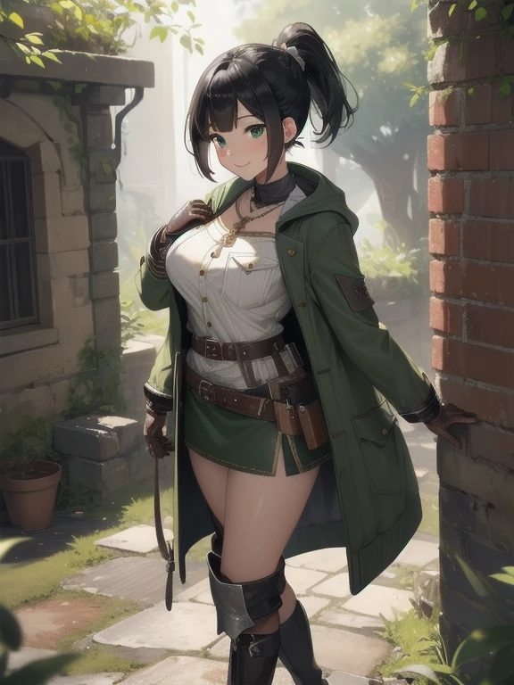 ((extremely detailed 8k illustration)), highres, (extremely detailed and beautiful background), ultra detailed painting, professional illustrasion, Ultra-precise depiction, Ultra-detailed depiction, (beautiful and aesthetic:1.2), HDR, (depth of field:1.4), colorful, vivid, beautiful detailed glow light particles, intricate:1.4, nice hands, perfect hands, (young girl), ((kawaii)), (highly detailed beautiful face and eyes, big breasts, firm breasts), oily skin, ((black hair,black eyes, (bob with short ponytail hair))), thin pubic hair, cute lovely, cheerful disposition, bashful, smile sweetly, full body, full body:1.4, thick thighs, (((A sturdy green travel coat))), ((silver breastplate)), sturdy tunic, (leather gloves), (Leather boots), ((leather belt:1.2 with pocket:1.1)), A necklace adorned with magic stones, old ruins