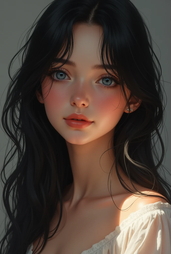 1 fille, Solo, Cheveux Longs noir , Sourire, Yeux bleus, Frange,
