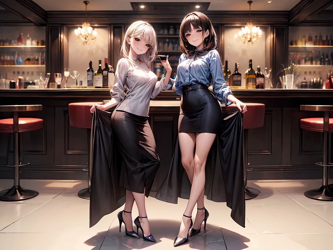 (masterpiece:1.3),(best quality, highest quality),((Full Body Shot,Including face)),girls,4K,masterpiece,((Focus on the face)),((Symmetrical facial features)),Beautiful woman,(slender),((High heels)),Detailed depiction of the face, Cafe ,bar,Casual wear,skirt,Age 25,(smirk),kawaii, (illustration:1.3)