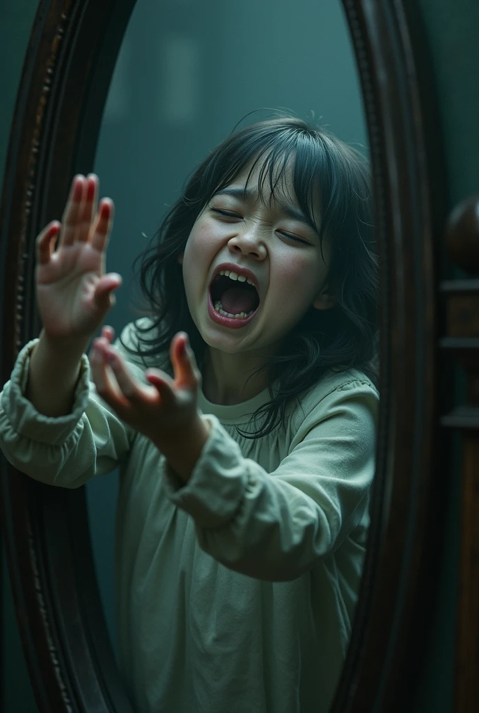 Girl crying and screaming trapped in the mirror trying to escape from it