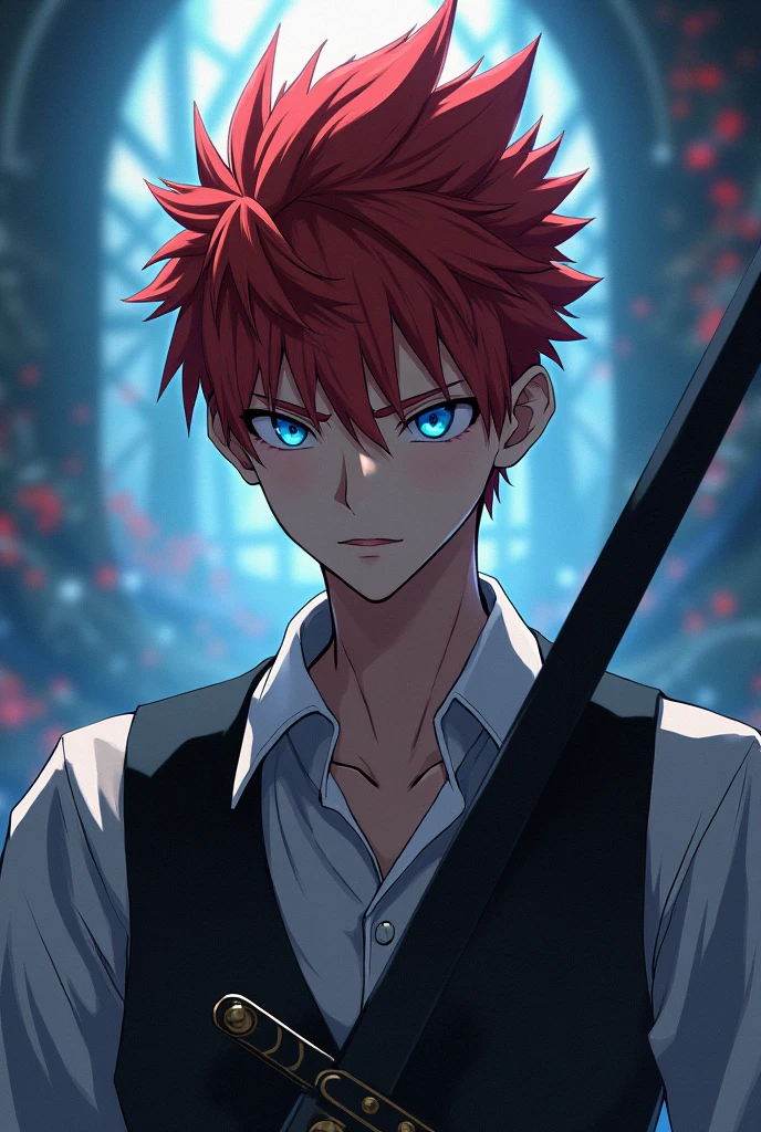 a young redheaded man with piercing blue eyes devoid of emotion, sharp spiky hair, wearing a white collared shirt, expressionless face, holding a black sword, anime style, (best quality,4k,8k,highres,masterpiece:1.2),ultra-detailed,(realistic,photorealistic,photo-realistic:1.37),dramatic lighting,vivid colors,fantasy,mystical,ethereal,elegant