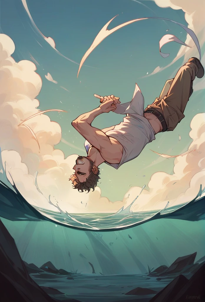 The River of Time of Humanity, a man is floating on it, another drowns in the hands of death