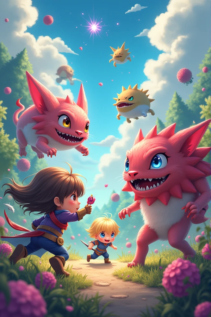 Cute heroes and monsters are enemies