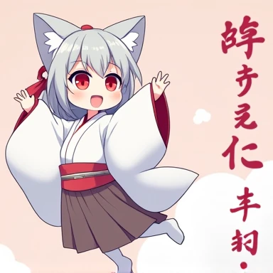 One Woman,Gray Hair,Cat ear,((Chibi Character)) ,Red eyes,,White kimono,Please put your hands up,Jumping,smile,smile,Enter your text in the bottom right corner of the fantasy image,A very popular font,