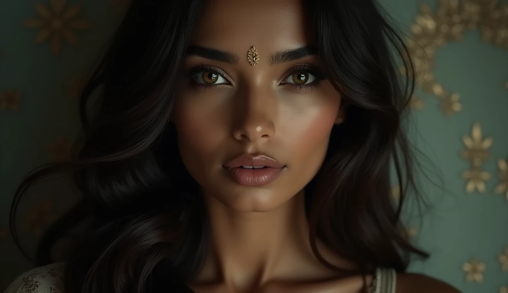 a beautiful mysterious Indian woman, Western fashion, intricate detailed face, piercing eyes, long eyelashes, delicate skin, natural beauty, flowing hair, candid elegant pose, dramatic lighting, cinematic mood, muted color palette, chiaroscuro lighting, high quality, photorealistic, 8k, intricate details, professional rendering