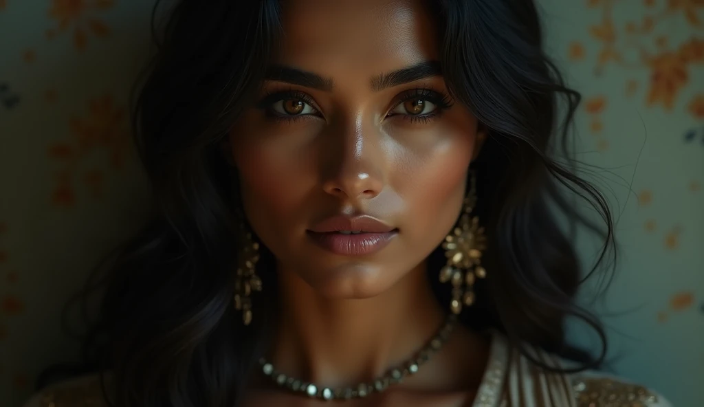 a beautiful mysterious Indian woman, Western fashion, intricate detailed face, piercing eyes, long eyelashes, delicate skin, natural beauty, flowing hair, candid elegant pose, dramatic lighting, cinematic mood, muted color palette, chiaroscuro lighting, high quality, photorealistic, 8k, intricate details, professional rendering
