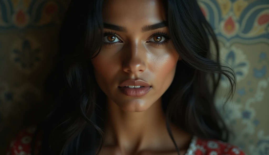 a beautiful mysterious Indian woman, Western fashion, intricate detailed face, piercing eyes, long eyelashes, delicate skin, natural beauty, flowing hair, candid elegant pose, dramatic lighting, cinematic mood, muted color palette, chiaroscuro lighting, high quality, photorealistic, 8k, intricate details, professional rendering