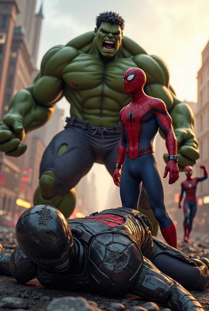 "Victory Over Darkstrike
"Depict the moment of victory where Spider-Man, Hulk, and the young hero finally defeat Darkstrike. Darkstrike is seen on the ground, his dark armor cracked and glowing faintly, indicating his defeat. Spider-Man stands tall, his suit torn but intact, while Hulk roars triumphantly. The young hero hovers nearby, his hands glowing with residual energy. The city in the background is in ruins, but the sky is beginning to clear, symbolizing the end of the battle and the dawn of a new day."