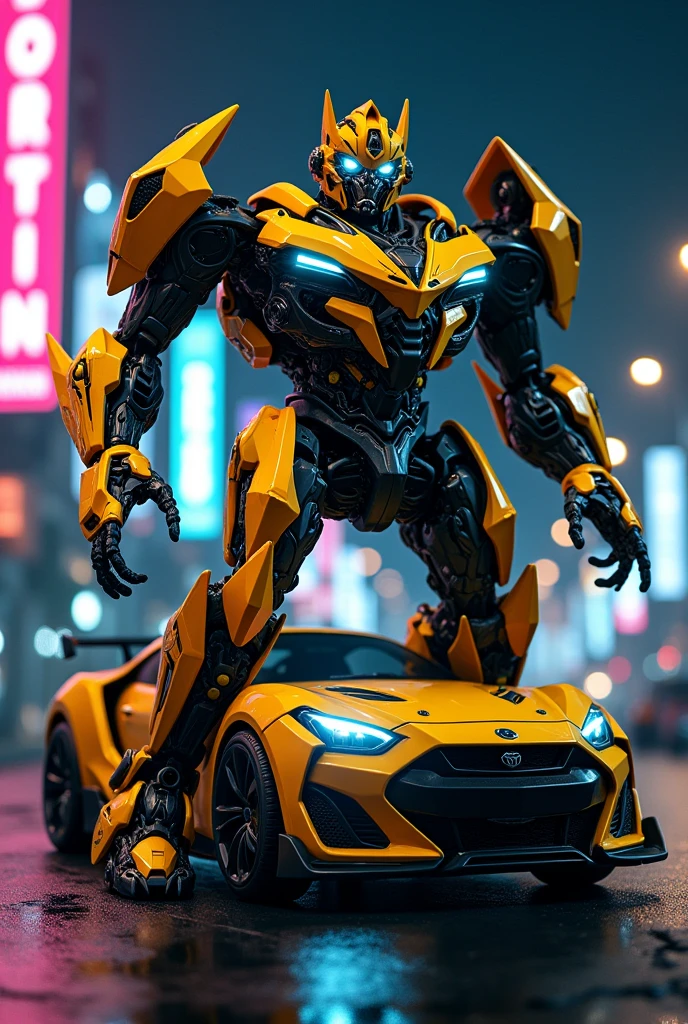 bumblebee transformer posing leaning on own car wallpaper at night with neon lights