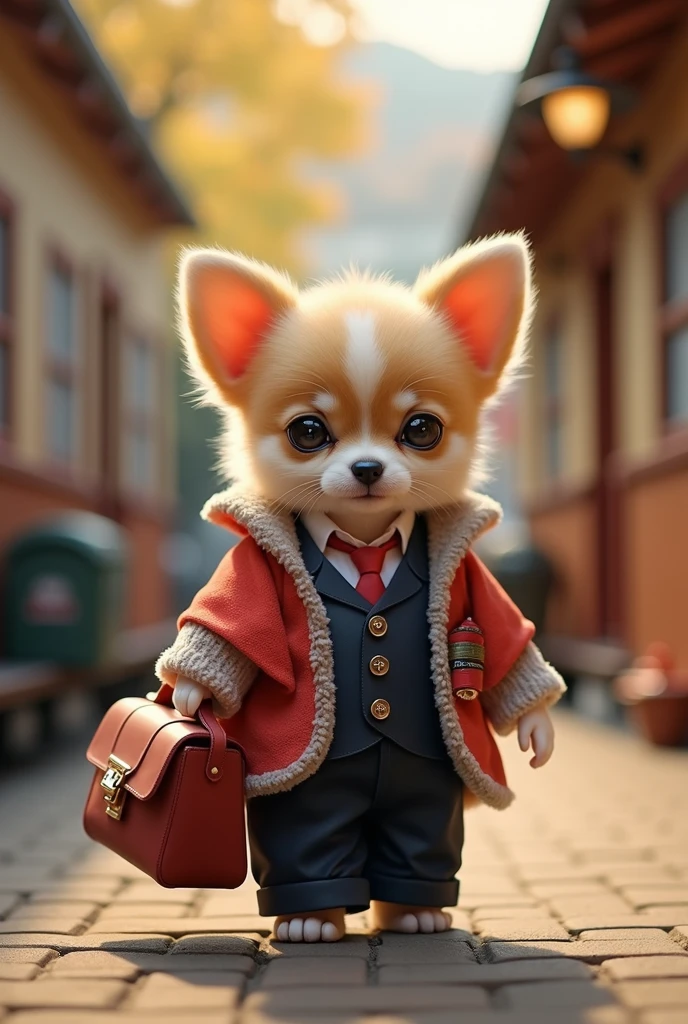 Chihuahua,Are standing,doll,Carrying a small school bag,Japanese style,Tram,Hokkaido,Autumn Station,Wooden house,platform, Cape,Nguyen Gia,suit,tie,Flower cat,Stupid dog,Muscular tomcat, (Delicate face), (High-quality fluffy fur)